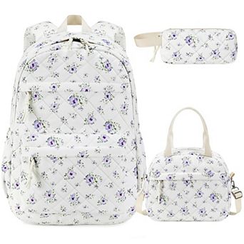 3 pc Quilted School Backpack Set With Lunch Box Pencil Case Lightweight Daypack