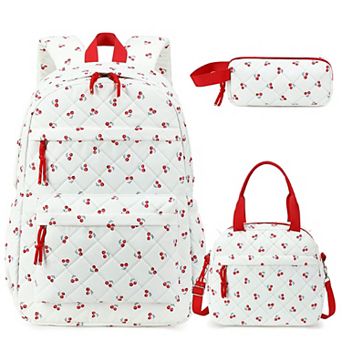3 pc Quilted School Backpack Set With Lunch Box Pencil Case Lightweight Daypack