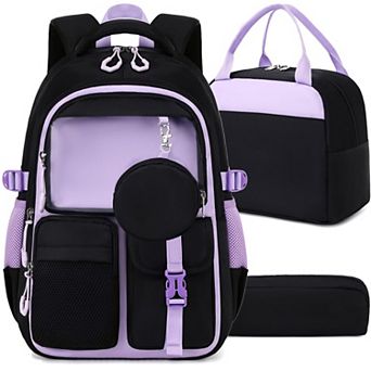 3 pc School Backpack Set with Lunch Box Pencil Bag for Elementary Middle School Girls
