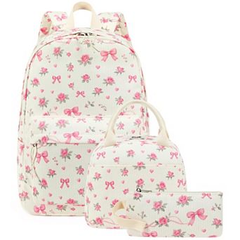 3 pc Lightweight School Backpack Set with Lunch Box Pencil Case Heart Print