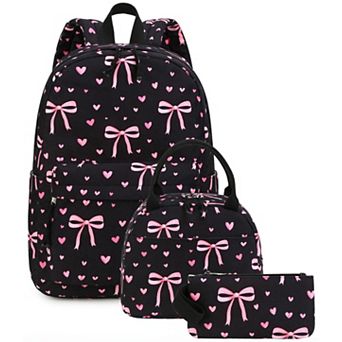 3 pc Lightweight School Backpack Set with Lunch Box Pencil Case Heart Print