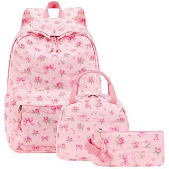 3 pc Lightweight School Backpack Set with Lunch Box Pencil Case Heart Print