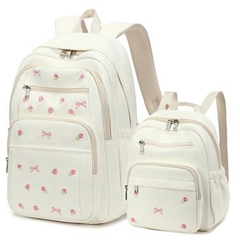 2 pc Embroidered School Backpack Set Aesthetic Travel Work Daily Use