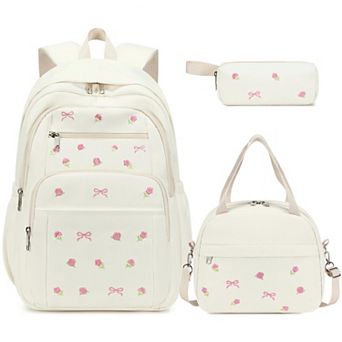 3 pc Embroidered School Set Aesthetic Bookbag Lunch Pouch Pencil Holder Travel Work