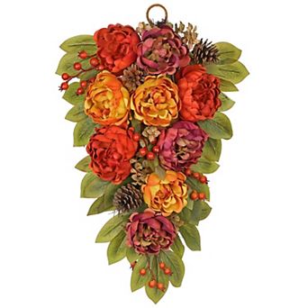 Artificial Fall Wreath Peony Mixed Floral Maple Leaves Berries Rustic Wall Decor