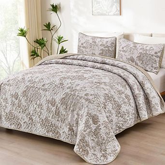 3 pc Botanical Toile Plants Print Quilt Set Boho Reversible All Season Microfiber Coverlet