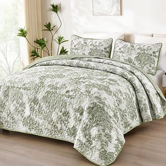 3 pc Botanical Toile Plants Print Quilt Set Boho Reversible All Season Microfiber Coverlet