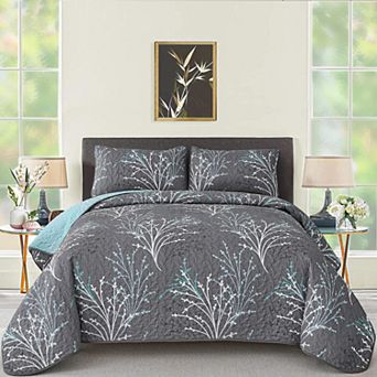 3 pc Botanical Floral Quilt Set Soft Lightweight All Season Bedding Cover