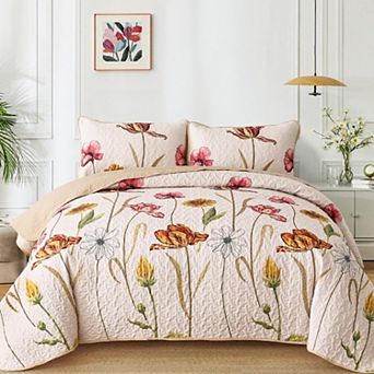 3 pc Boho Botanical Flower Quilt Set Reversible Microfiber All Season Bedspread