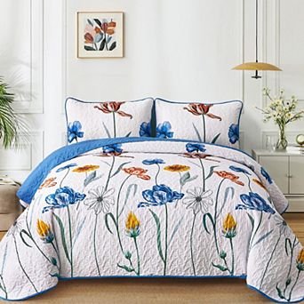3 pc Boho Botanical Flower Quilt Set Reversible Microfiber All Season Bedspread