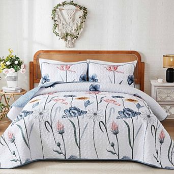 3 pc Boho Botanical Flower Quilt Set Reversible Microfiber All Season Bedspread