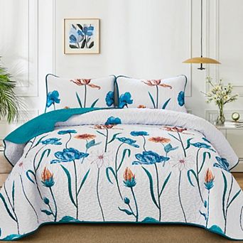 3 pc Boho Botanical Flower Quilt Set Reversible Microfiber All Season Bedspread