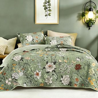 Botanical Bird Print All Season Soft Bedspread Coverlet