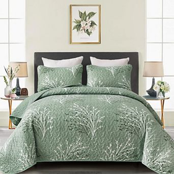 3 pc Branch Botanical Quilt Set Soft Lightweight All Season Bedding