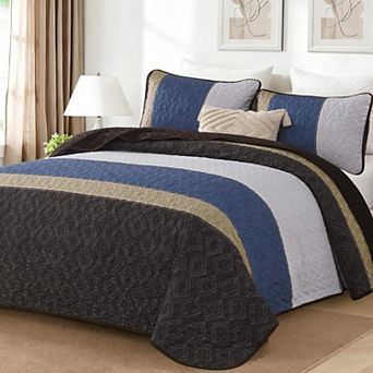 Soft Microfiber All Season Geometric Patchwork Quilt Set with Pillowcases
