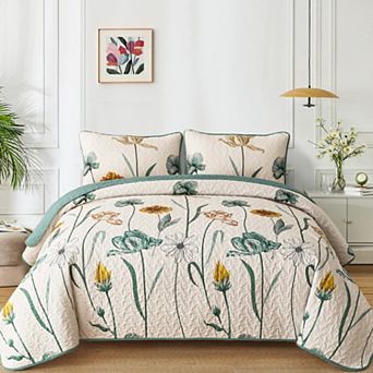 3 pc Reversible Floral Botanical Quilt Set All Season Microfiber Bedspread