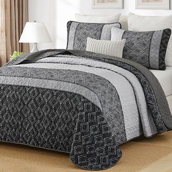 2 pc Patchwork Geometric Dorm Bedding Quilt Set Lightweight All Season Microfiber Coverlet