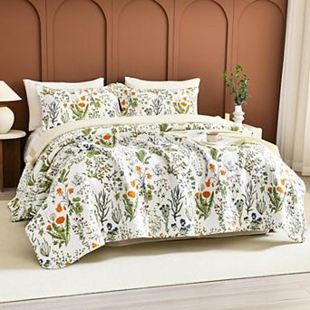 3 pc Cotton Quilt Bedspread Set Soft Lightweight Botanical Printed Bedding Coverlet For All Seasons