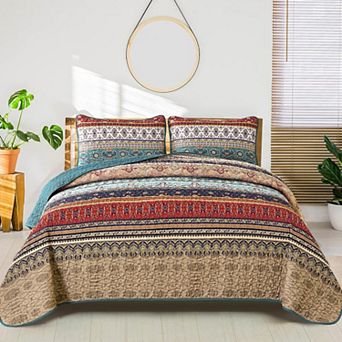 2 pc Boho Quilt Set Microfiber Lightweight Breathable All Season Coverlet With Sham