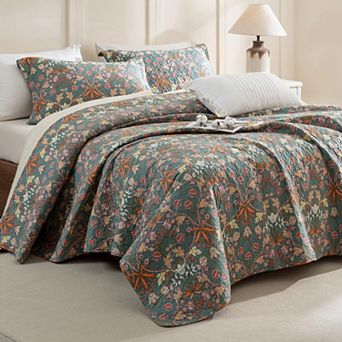 3 pc Cotton Quilted Bedspread Set Botanical Printed All Season Bedding