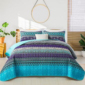 3 pc Boho Striped Microfiber Quilt Set Lightweight Breathable All Season Coverlet Bedding