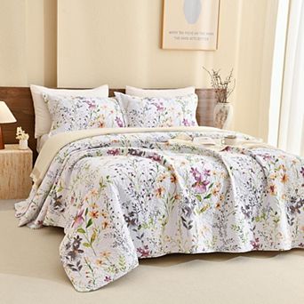 3 pc Cotton Quilt Bedding Set Soft Lightweight Botanical Printed Coverlet Set