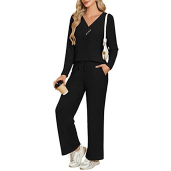 Womens 2 pc Ribbed Knit V Neck Long Sleeve Loungewear Sleepwear With Pockets