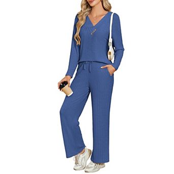 Womens 2 pc Ribbed Knit V Neck Long Sleeve Loungewear Sleepwear With Pockets