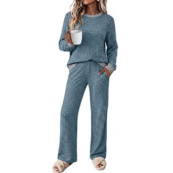 Womens 2 pc Ribbed Knit Lounge Set Travel Vacation Casual Outfits With Pockets