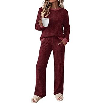 Womens 2 pc Ribbed Knit Lounge Set Travel Vacation Casual Outfits With Pockets