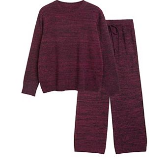 Womens 2 pc Crew Neck Soft Plush Knit Lounge Sleepwear Set