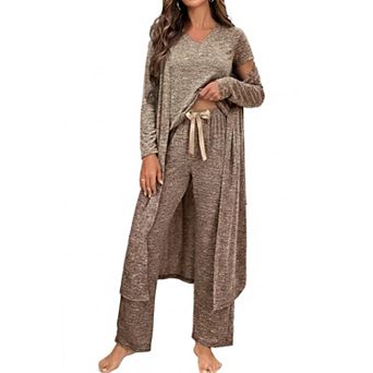 Womens 3 pc Knit Pajama Set Short Sleeve Cardigan Lounge Wear