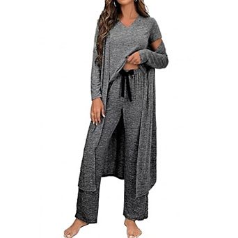 Womens 3 pc Knit Pajama Set Short Sleeve Cardigan Lounge Wear