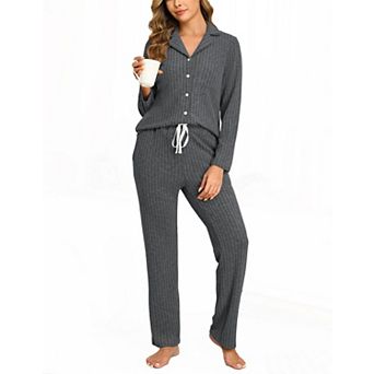 Womens 2 pc Ribbed Knit Pajama Set Warm Soft Loungewear Sleepwear