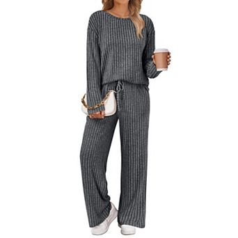 Womens 2 pc Soft Stretch Lounge Set Casual Crew Neck Loungewear
