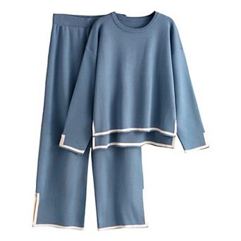 Womens 2 pc Long Sleeve Knit Top Wide Leg Pants Lounge Set
