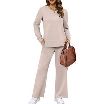 Womens 2 pc Long Sleeve Crew Neck Loungewear Set Wide Leg Pants