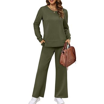 Womens 2 pc Long Sleeve Crew Neck Loungewear Set Wide Leg Pants