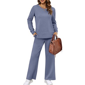 Womens 2 pc Long Sleeve Crew Neck Loungewear Set Wide Leg Pants