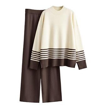 Womens 2 pc Knitted Lounge Set Turtleneck Tops Wide Leg Pants