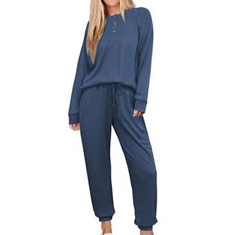 Womens 2 pc Waffle Knit Loungewear Set Long Sleeve Pajama Set