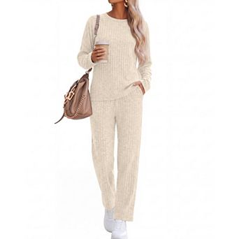 Womens 2 pc Cotton Ribbed Lounge Set Long Sleeve Top Loose Pants with Pockets