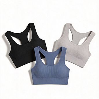 Womens Set of 3 Seamless Ribbed Wireless Sports Bras