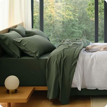 Bedsure 100% Washed Cotton Percale Sheets - Linen Feel 6 pc Bedsheet Set with 18" Deep Pocket