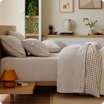 Bedsure 100% Washed Cotton Percale Sheets - Linen Feel 6 pc Bedsheet Set with 18" Deep Pocket