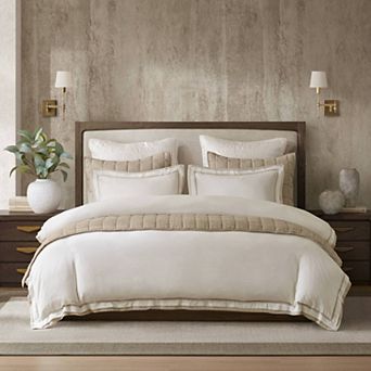 GDFStudio 3 pc Duvet Cover Set with Linen Blend & Embroidered Flange Edge
