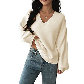 Women's V Neck Long Sleeve Loose Fit Knit Sweater Casual Pullover Top