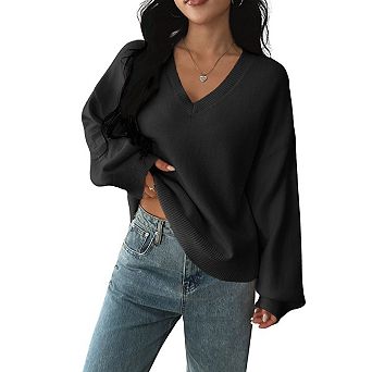 Women's V Neck Long Sleeve Loose Fit Knit Sweater Casual Pullover Top