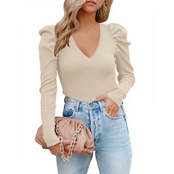 Women's V Neck Long Sleeve Pullover Sweater Top