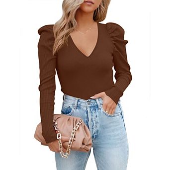 Women's V Neck Long Sleeve Pullover Sweater Top